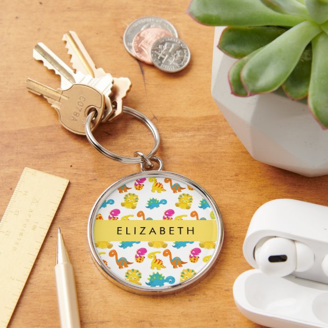Cute Dinosaurs, Pattern Of Dinosaurs, Your Name Key Ring (Desk)