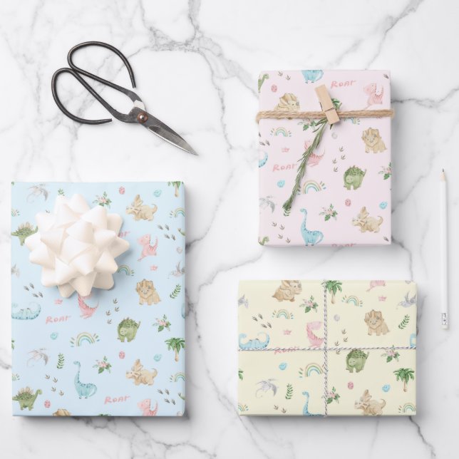Cute Dinosaurs Pattern Pink Blue Yellow Wrapping Paper Sheet (Front)