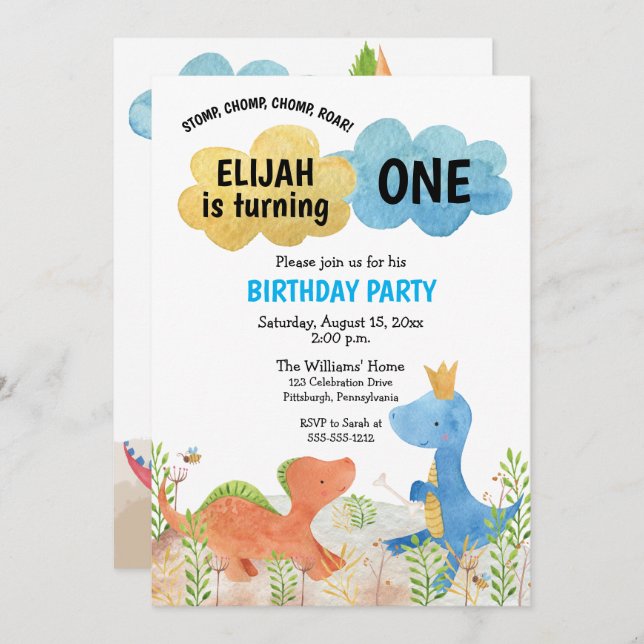 Cute Dinosaurs Playing Boy 1st Birthday Invitation (Front/Back)