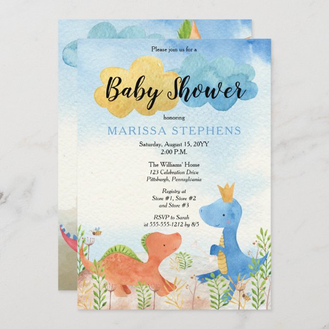 Cute Dinosaurs Playing Boy Baby Shower  Invitation (Front/Back)