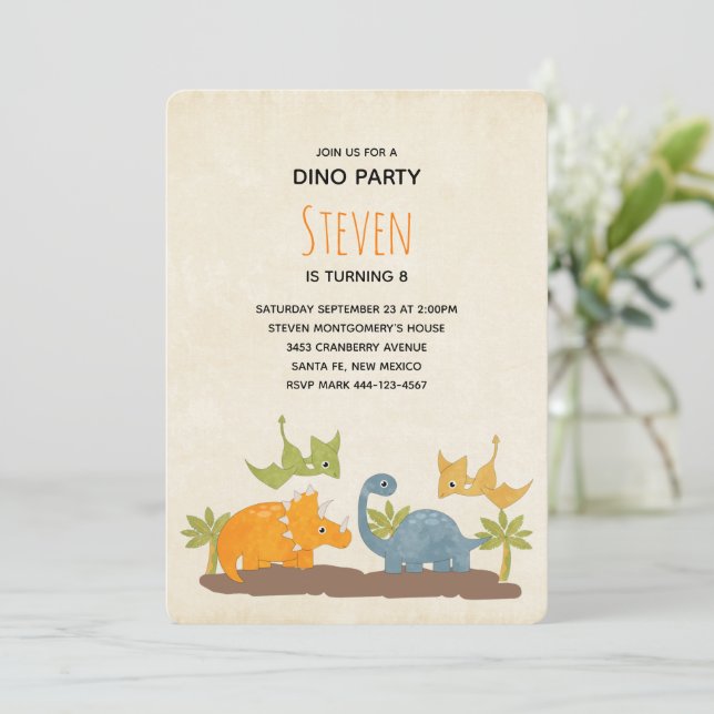 Cute Dinosaurs Prehistoric Wildlife Birthday Invitation (Standing Front)