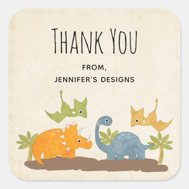 Cute Dinosaurs Prehistoric Wildlife Biz Thank You Square Sticker (Front)