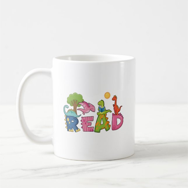 Cute Dinosaurs Read Book Elementary Teacher Coffee Mug (Left)