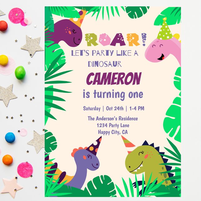 Cute Dinosaurs Roar Lets Have Fun 1st Birthday Invitation (Creator Uploaded)