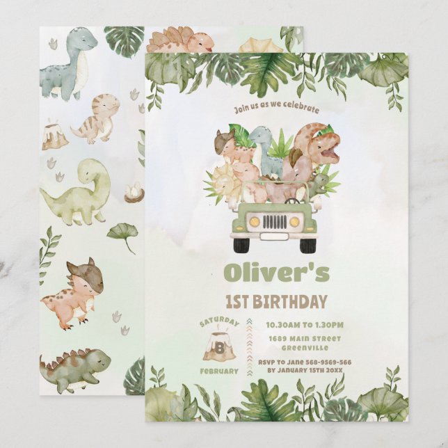 Cute Dinosaurs Safari Car 1st 2nd 3rd Birthday Invitation (Front/Back)