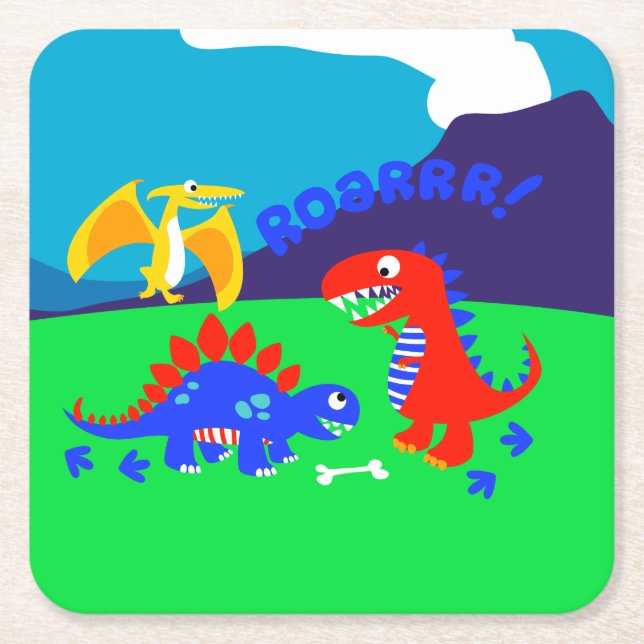 Cute dinosaurs square paper coaster (Front)