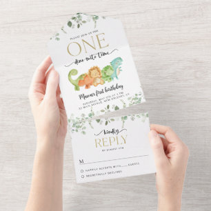 Cute Dinosaurs, T-Rex, Jurassic, First Birthday All In One Invitation