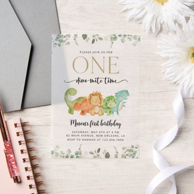 Cute Dinosaurs, T-Rex, Jurassic, First Birthday Vellum Invitations (Wedding)
