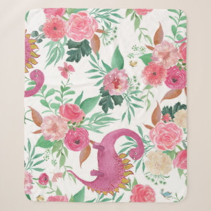 Cute Dinosaurs Vintage Floral Pattern Sherpa Blanket