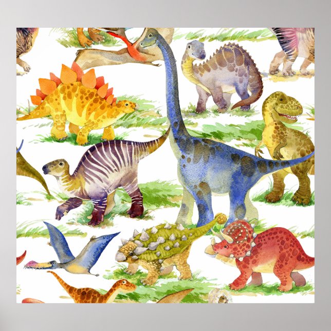 Cute Dinosaurs Watercolor Seamless Art Poster (Front)