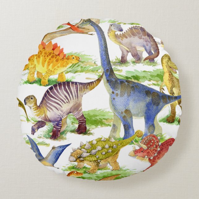 Cute Dinosaurs Watercolor Seamless Art Round Cushion (Front)