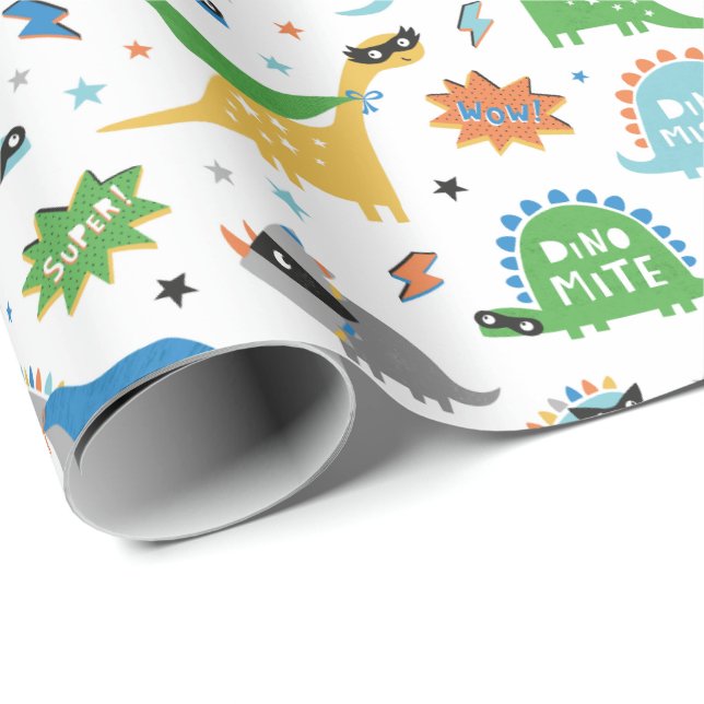 Cute dinosaurs with superhero masks and capes wrapping paper (Roll Corner)