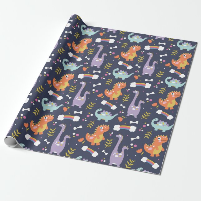 Cute Dinosaurs Wrapping Paper (Unrolled)