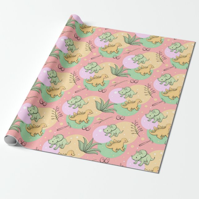 Cute Dinosaurs Wrapping Paper (Unrolled)