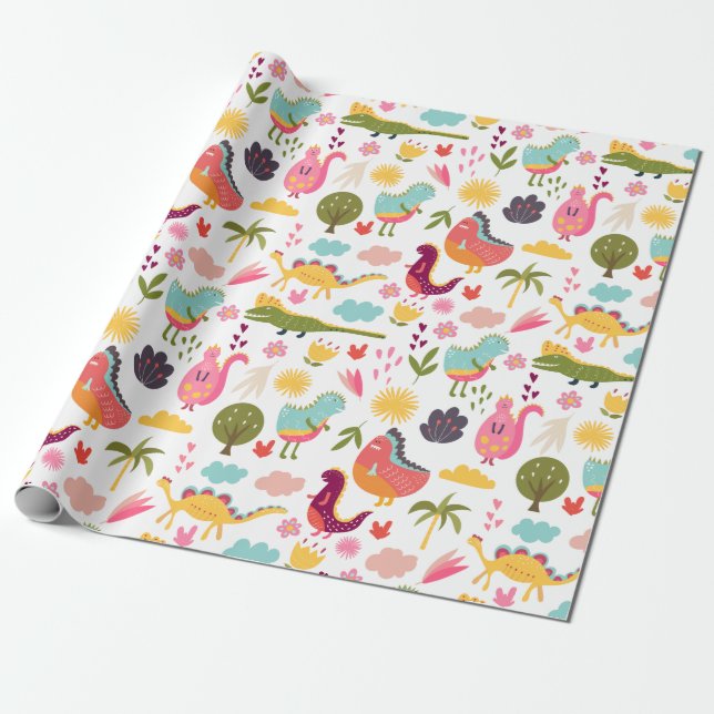 Cute Dinosaurs Wrapping Paper (Unrolled)