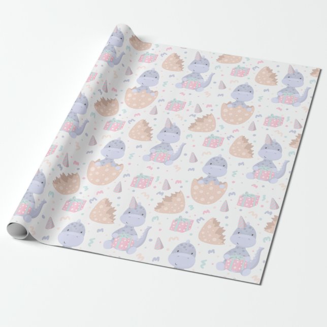 Cute Dinosaurs Wrapping Paper (Unrolled)
