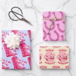 Cute Disco Cowgirl Horseshoe Pink Blue Beige Wrapping Paper Sheet<br><div class="desc">cowboy boot,  disco ball,  horseshoe,  cowgirl hat,  groovy typography "disco cowgirl",  "let's go girls" western and country aesthetic,  for a bachelorette or birthday party decor,  crafts,  gift wrap... </div>