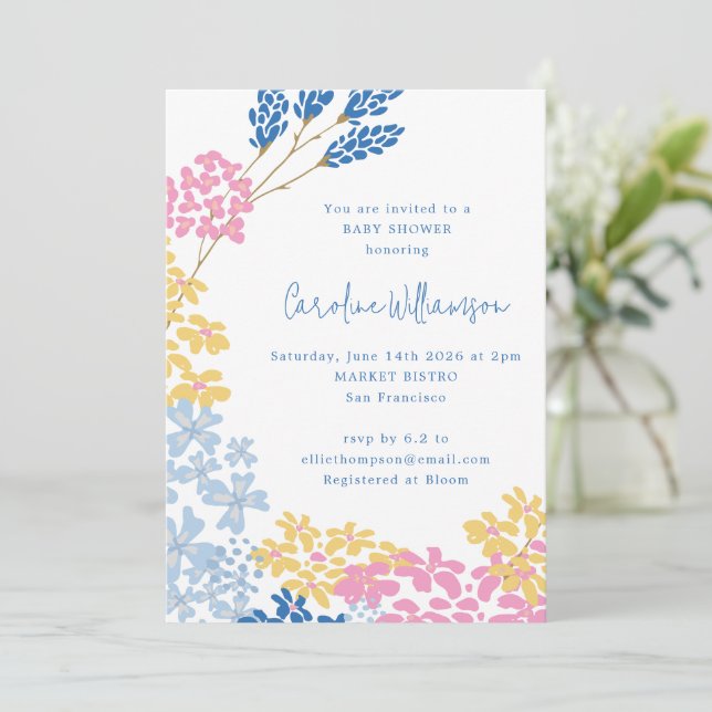 Cute Ditsy Flower Wreath Blue Yellow Baby Shower Invitation (Standing Front)
