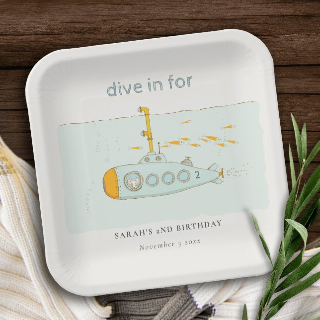 Cute Dive In Underwater Submarine Any Age Birthday Paper Plate (Creator Uploaded)