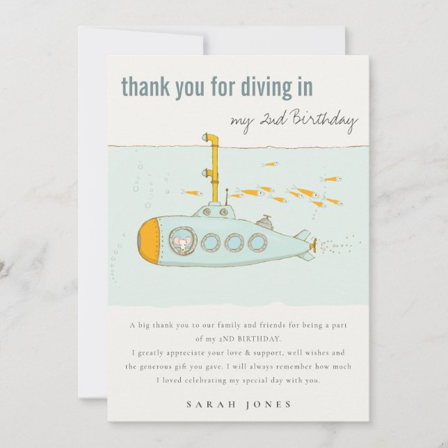 Cute Dive In Underwater Submarine Any Age Birthday Thank You Card (Front)
