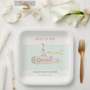 Cute Dive In Underwater Submarine Baby Shower Paper Plate