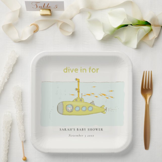 Cute Dive In Underwater Submarine Baby Shower Paper Plate (Wedding)