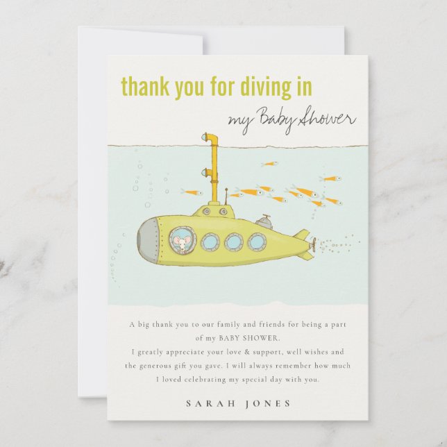 Cute Dive In Underwater Submarine Baby Shower Thank You Card (Front)