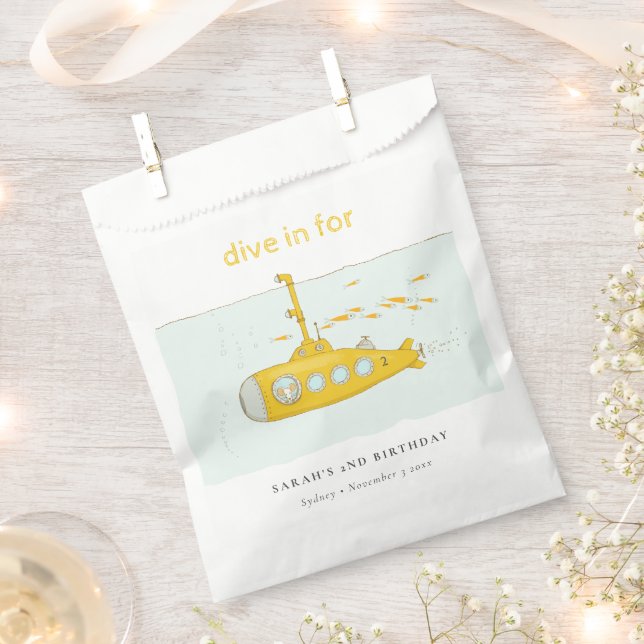 Cute Dive In Underwater Submarine Yellow Birthday Favour Bag (Clipped)