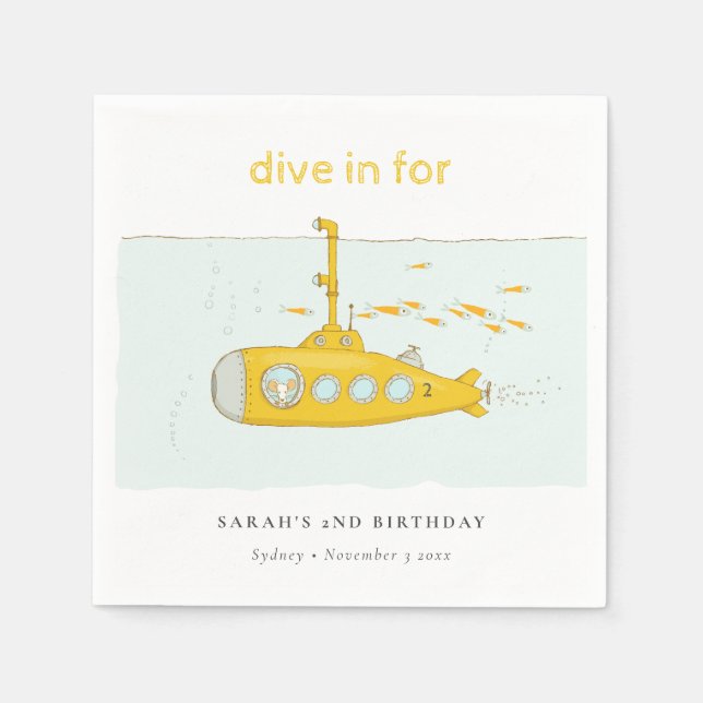 Cute Dive In Underwater Submarine Yellow Birthday Napkin (Front)