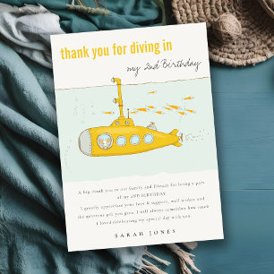 Cute Dive In Underwater Submarine Yellow Birthday Thank You Card