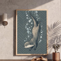 Cute Diving Otter Nursery Art Chevron Background