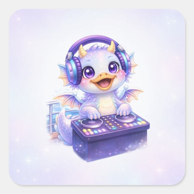 Cute DJ Dragon Square Sticker (Front)
