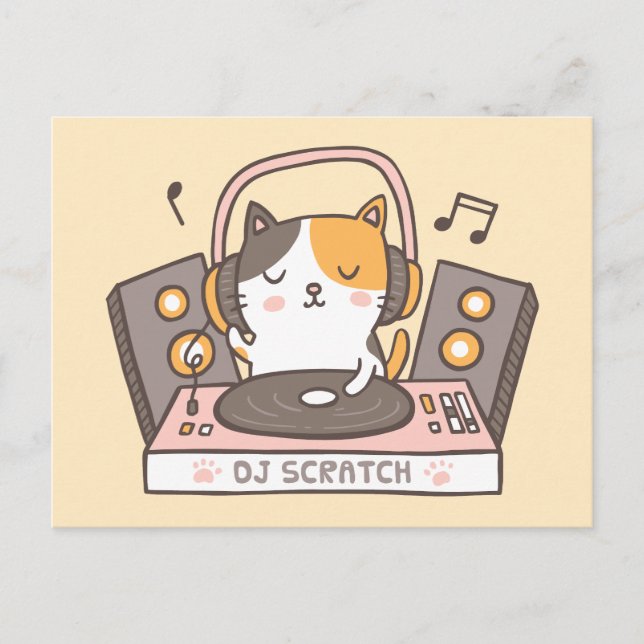Cute DJ Scratch Kitty Cat Pun Postcard (Front)