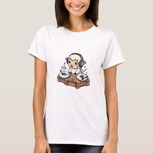 Cute DJ Sheep Wearing Headphones Mixing on Rustic T-Shirt
