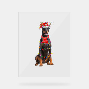 Cute Doberman Christmas Tree Lights Dog Lover Acrylic Sign