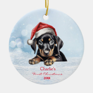 Cute Doberman Puppy Dog Santa Hat Custom Ceramic Ornament