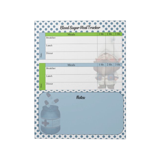 Cute Doctor Gnome Blood Sugar Log Notepad (Rotated)