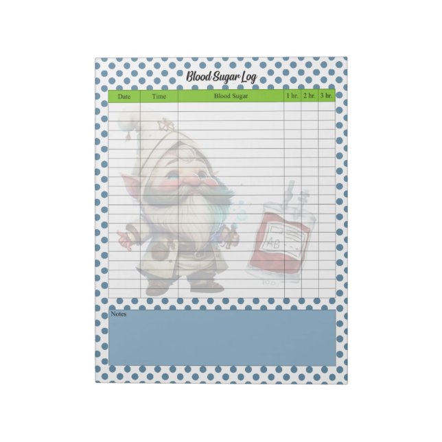 Cute Doctor Gnome Blood Sugar Log Notepad (Rotated)