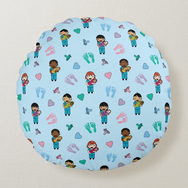 Cute Doctors and Nurses with Newborns Round Cushion (Front)