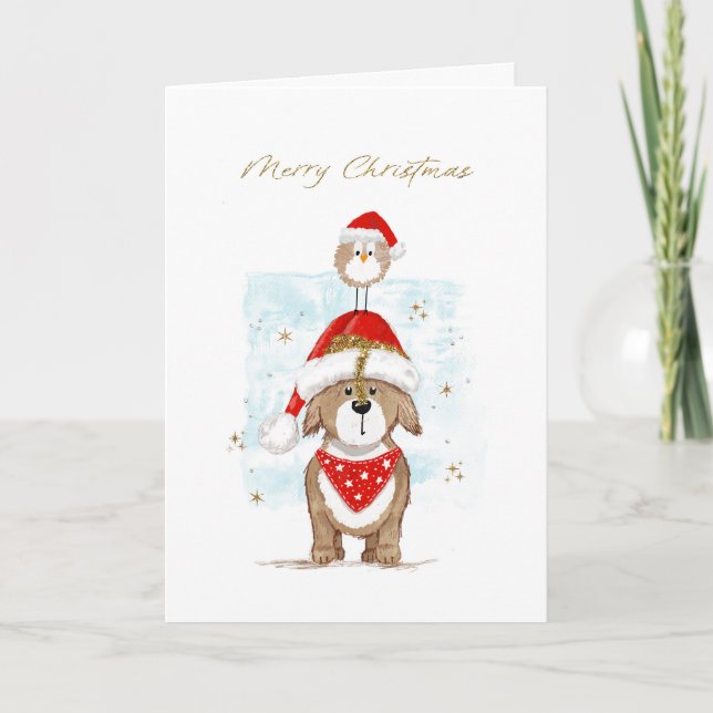 Cute Dog and Bird Christmas  Holiday Card (Front)