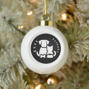 Cute Dog and Cat Best Friends Silhouette Ceramic B Ball Christmas Ornament