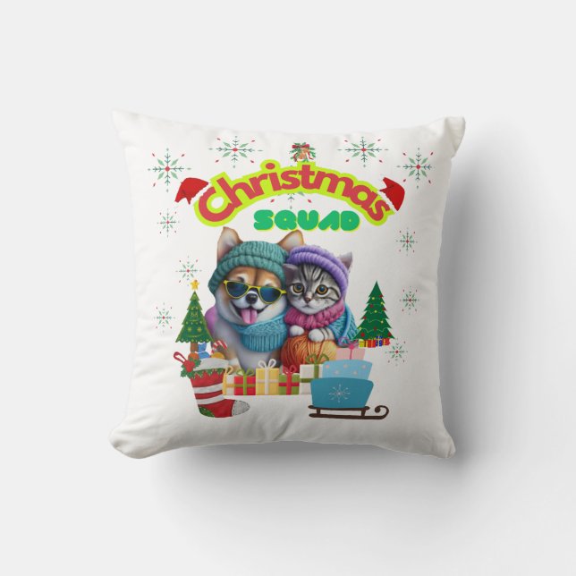 Cute dog and cat Christmas squad design  Cushion (Front)
