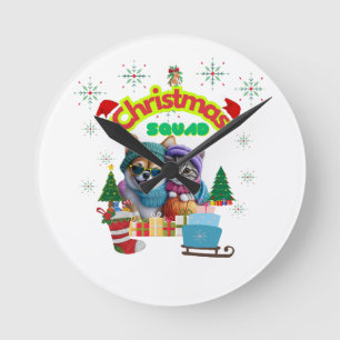 Cute dog and cat Christmas squad design  Round Clock