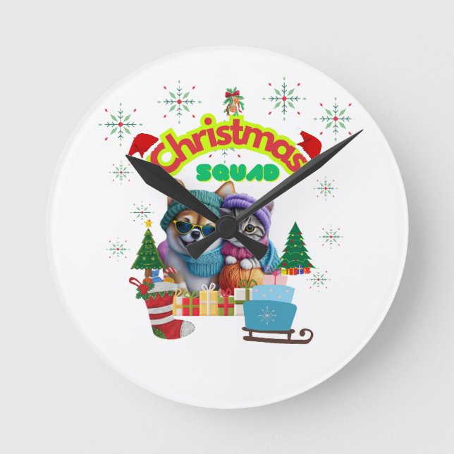 Cute dog and cat Christmas squad design  Round Clock (Front)