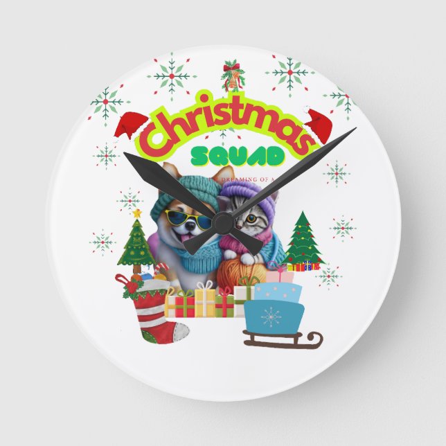 Cute dog and cat Christmas squad design  Round Clock (Front)