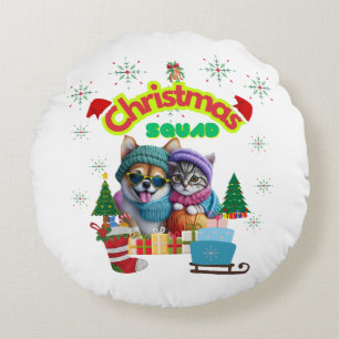 Cute dog and cat Christmas squad design Round Cushion