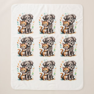 ✨Cute Dog and Cat Friendship Cartoon Design Sherpa Blanket
