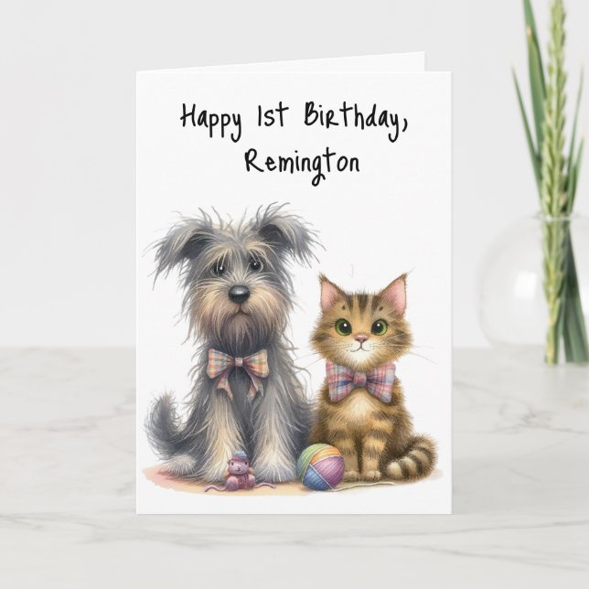 Cute Dog and Cat Happy 1st Birthday Personalised Card (Front)