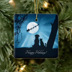 Cute Dog and Cat Happy Holidays Chistmas Ceramic Ornament