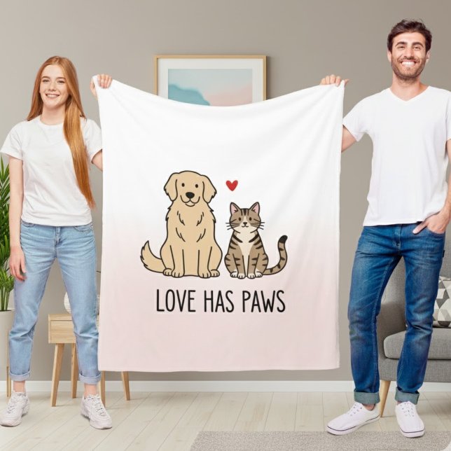 Cute Dog and Cat "Love Has Paws" Personalized Flee Fleece Blanket (Creator Uploaded)